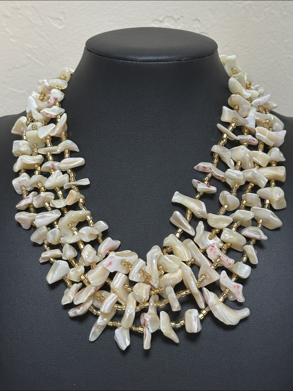 Vintage Japan Mother Of Pearl Four Strand Necklace Shepherd Hook Clasp Necklace